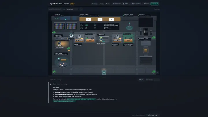 Bildschirmaufnahme der Agenten-Arcade im Demo-Modus: Roboter bewegen sich zwischen Schreibtischen, Bibliothek, Schwarzem Brett, Gate-Wand und Versanddock des Großraumbüros, während ihre Berichte im Nachrichten-Dock eintreffen