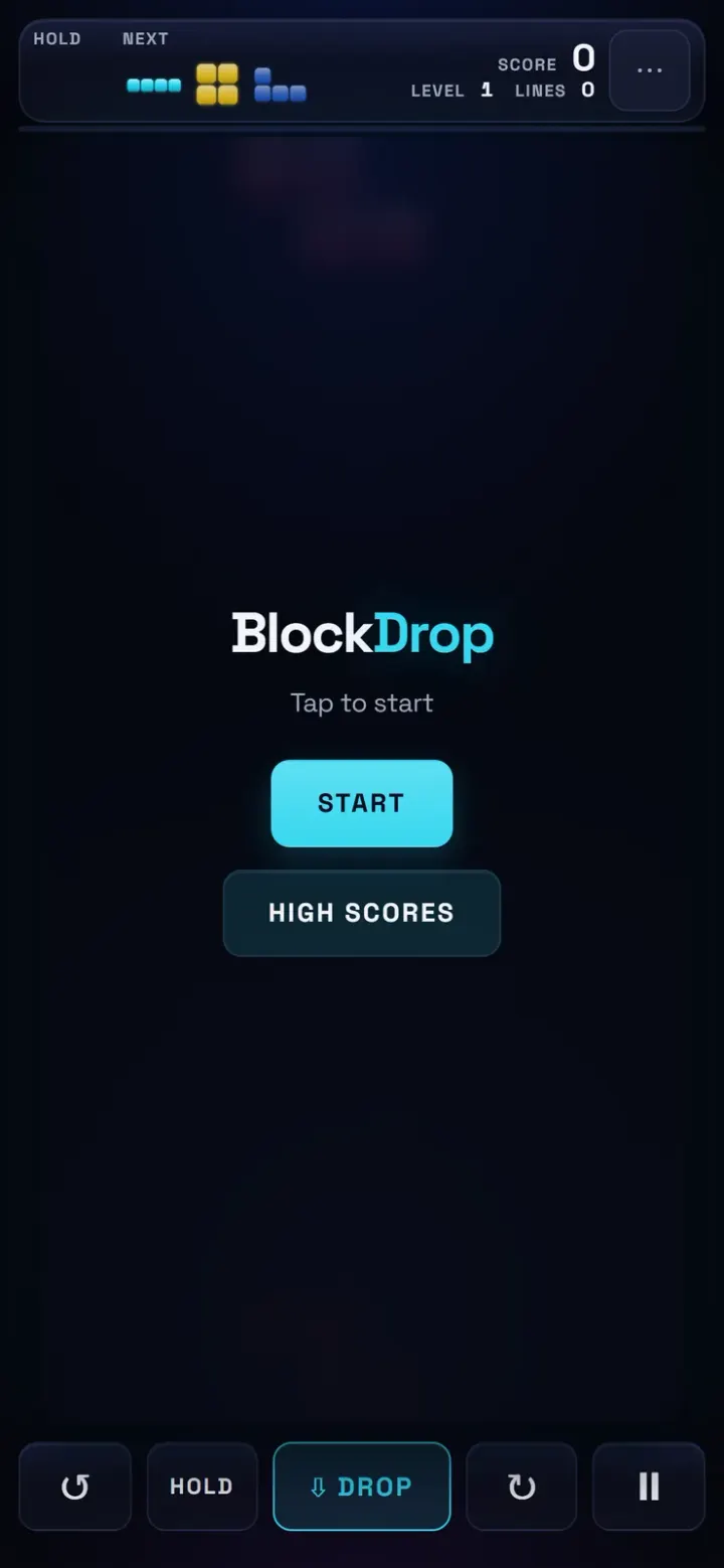 Die Startkarte von BlockDrop auf einem Smartphone mit den Buttons Start und High Scores