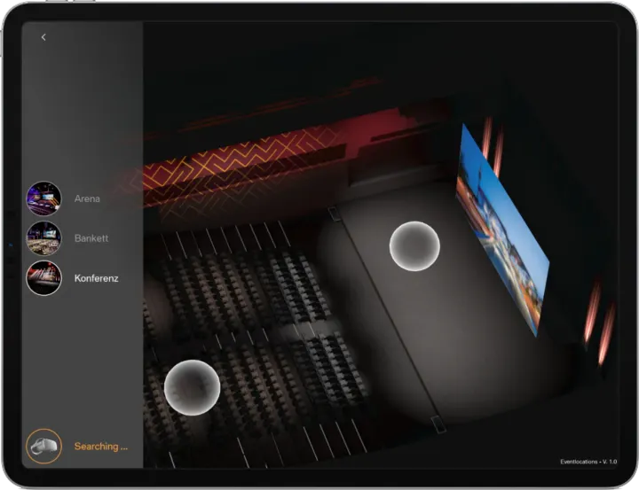 iPad companion app with a top-down view of the conference setup and buttons for Arena, Bankett and Konferenz