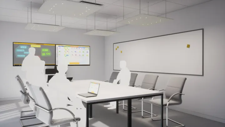 Meetingraum mit Dual-Display, Whiteboard und Akustikpaneelen an der Decke