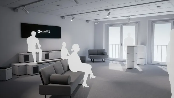 Showroom-Lounge mit Sitzstufen, Sofas und einem macomVIZ-Bildschirm bei Tageslicht
