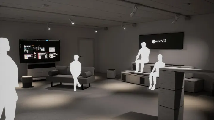 Derselbe Showroom in Nachtstimmung, beleuchtet von Strahlern an Stromschienen