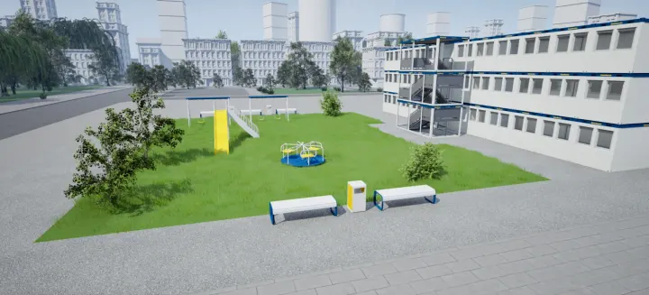 Ein dreistöckiges Gebäude aus weiß-blauen Condecta-Modulen mit Außentreppe, neben einer Wiese mit Spielplatz, Bänken und Bäumen