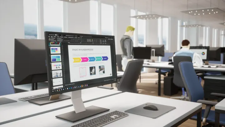 Ein Schreibtisch mit einem Monitor, auf dem eine Präsentation läuft, in einem Großraumbüro mit animierten Personen an anderen Arbeitsplätzen