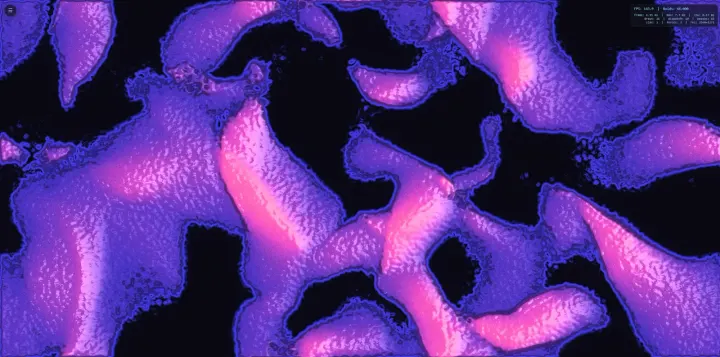 Boids als Metaballs: violette und rosa Formen mit leuchtend blauen Rändern und körniger Oberfläche auf Schwarz; die Statistikanzeige zeigt 66.000 Boids bei 144 fps