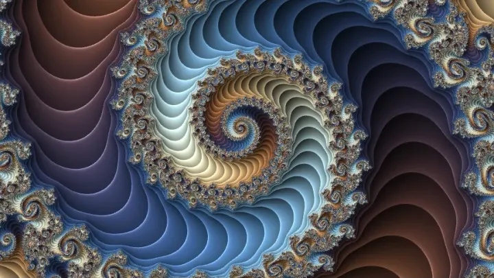 Fractal mode: a spiral in brown, blue and cream, edged with smaller spirals