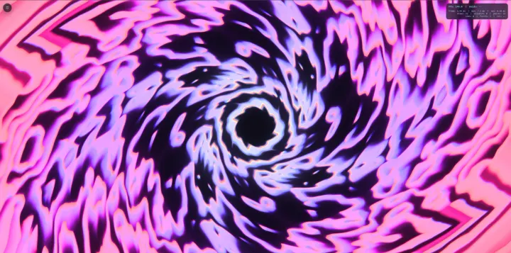 Ein rosa-violettes Hintergrundmuster, durch ein Kaleidoskop zu einem Strudel um ein dunkles Zentrum gefaltet, mit der Statistikanzeige bei 144 fps