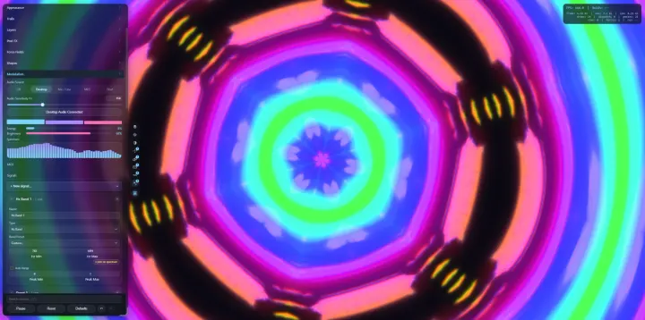 Ein Band aus dem Audiospektrum, durch ein Kaleidoskop zu konzentrischen Ringen in Grün, Cyan, Pink und Orange verzerrt. Links das Modulation-Panel: Desktop-Audio verbunden, ein Live-Spektrum und ein Hz-Band-Signal von 783 bis 1891 Hz