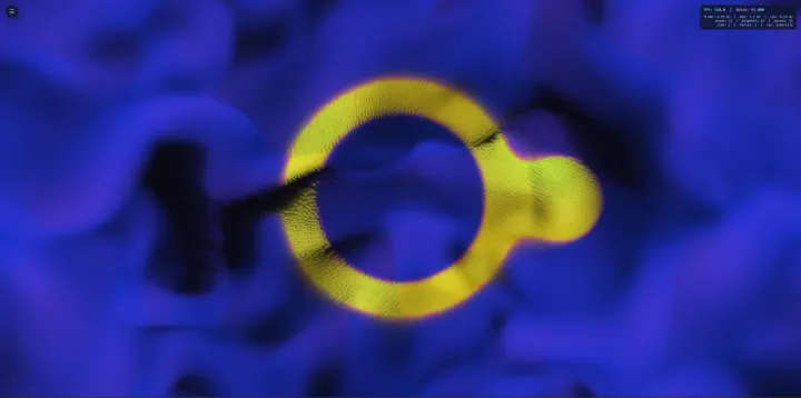 93.000 Boids, von einer SDF-Form als Kraftmaske zu einem gelben Ring gesammelt, über einem weichen blauen Feld