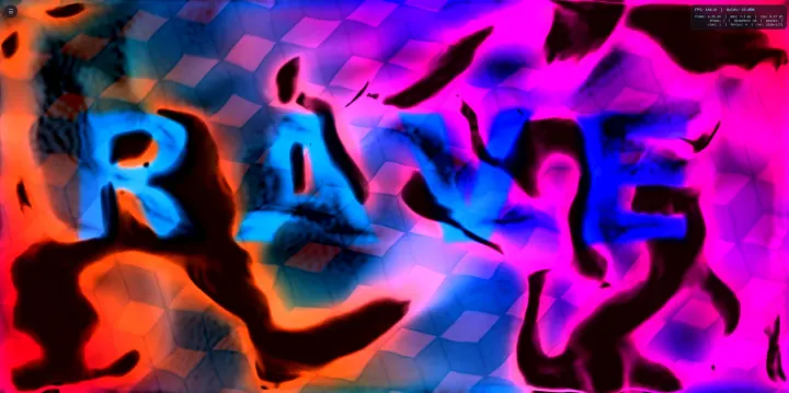 Das Wort RAVE als Textform für die Effekte: blaue Buchstaben, von dunklen Schlieren auseinandergezogen, über einem orange-rosa-violetten Feld mit blassem Würfelmuster dahinter