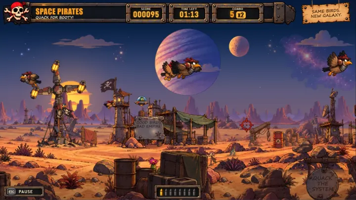 Gameplay: armoured birds with metal chest plates fly past a spinning rotor tower and a pirate camp