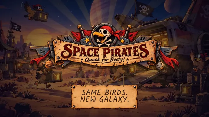 Trailer zu Space Pirates: die Titelkarte „Same birds. New galaxy.“ über der Wüste, dann Gameplay mit Combos, Versorgungskisten, Touristen, die man verschonen muss, einem Bosskampf und dem Ergebnisbildschirm