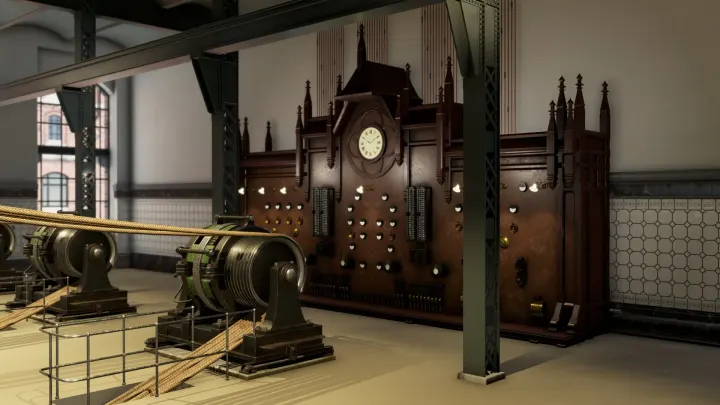 Machine hall with dynamos and a large wooden switchboard with a clock