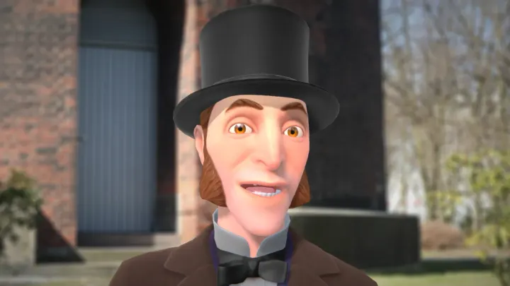 Close-up of the Lindley character speaking, in front of a brick building